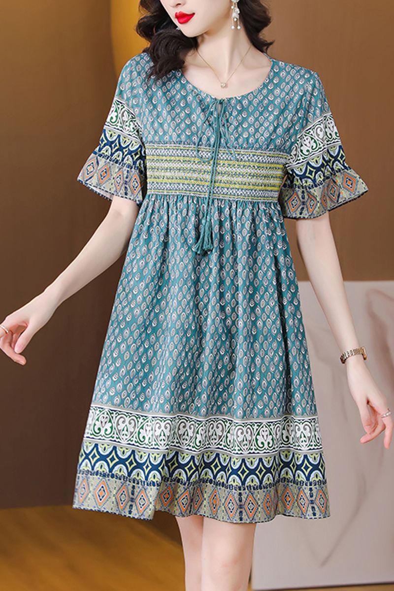 Korean version of large size women's loose commuting printed dress 200 pounds summer elegant A-line skirt D02321