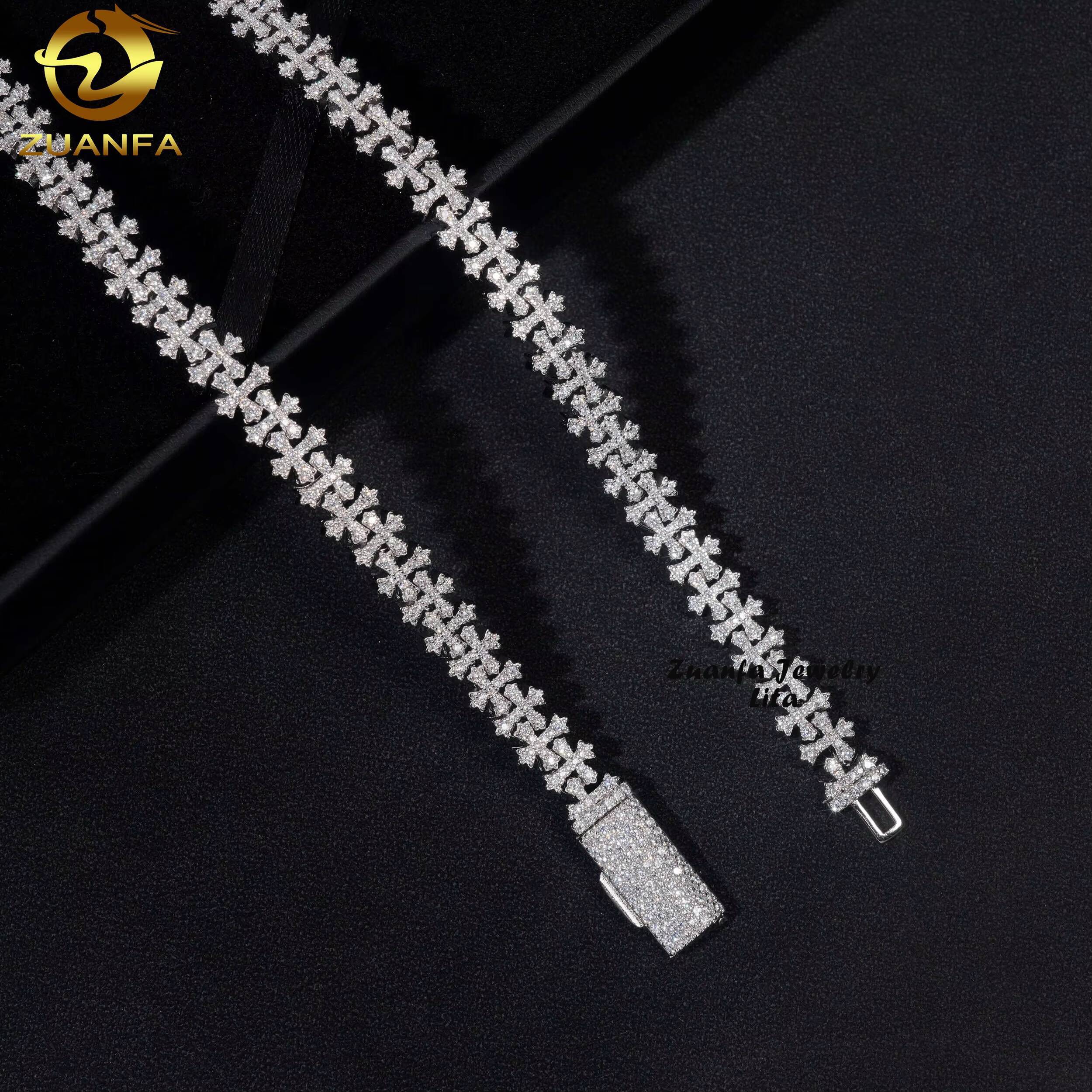 New Arrivals Hip Hop Iced Pass Test Silver 8mm Cross Necklace VVS Moissanite Cuban Link Chain