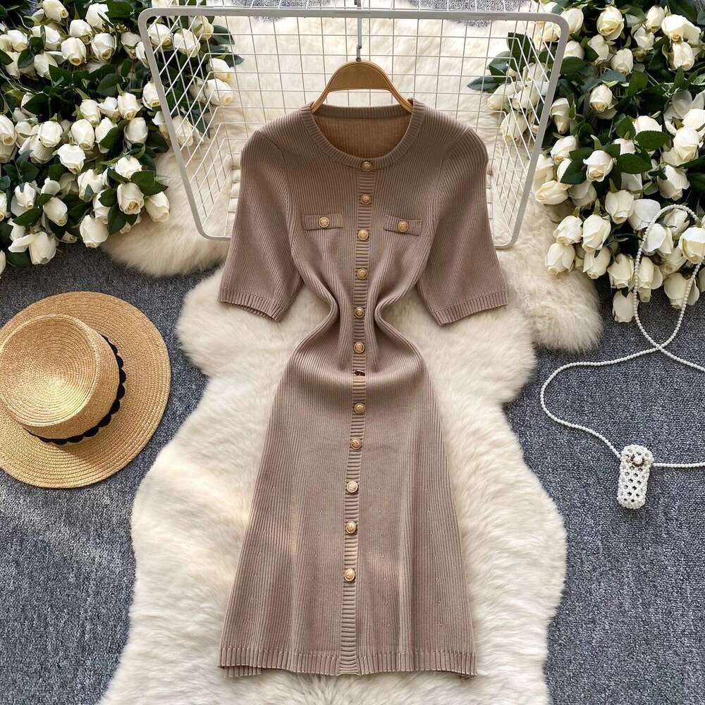 REALEFT Elegant Short Sleeve Knitted Dress For Women 2025 New Spring Summer Fashion Round Neck Buttons Casual Women's Dresses
