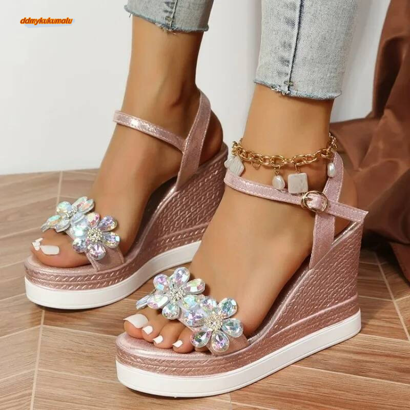 Women Summer Wedge Heel Platform Strap Open Toe Chunky Bottom Casual Shoes 2024 Gold Sier Pink Sandals ddmykukumalu