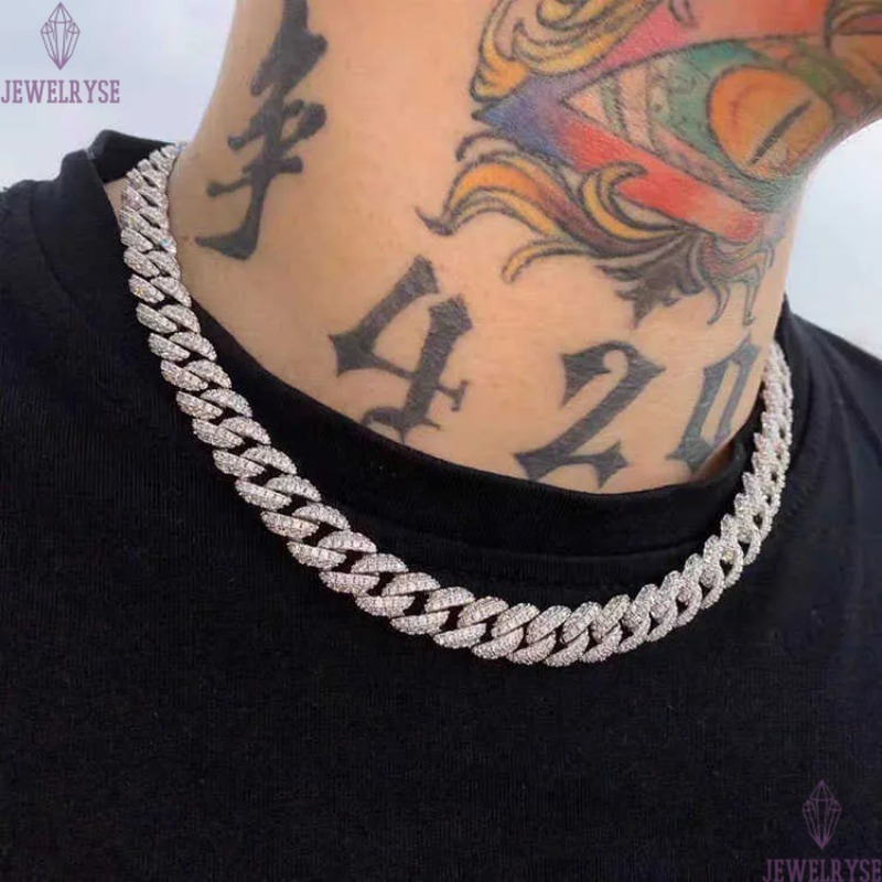 necklace moissanite chain Pendant Full Ice Cuban Chain 2rows 925 Solid Silver Moissanite Cuban Link Chain Mans Hip Hop