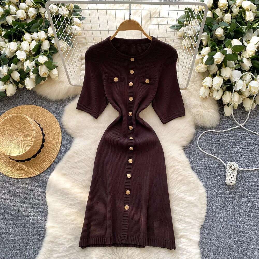 REALEFT Elegant Short Sleeve Knitted Dress For Women 2025 New Spring Summer Fashion Round Neck Buttons Casual Women's Dresses