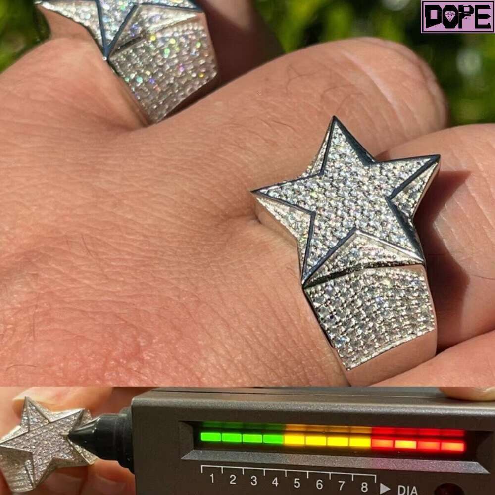 Rapper Moissanite Star Ring Men Iced Out White Gold Plated 925 Sterling Silver D VVS Moissanite Ring