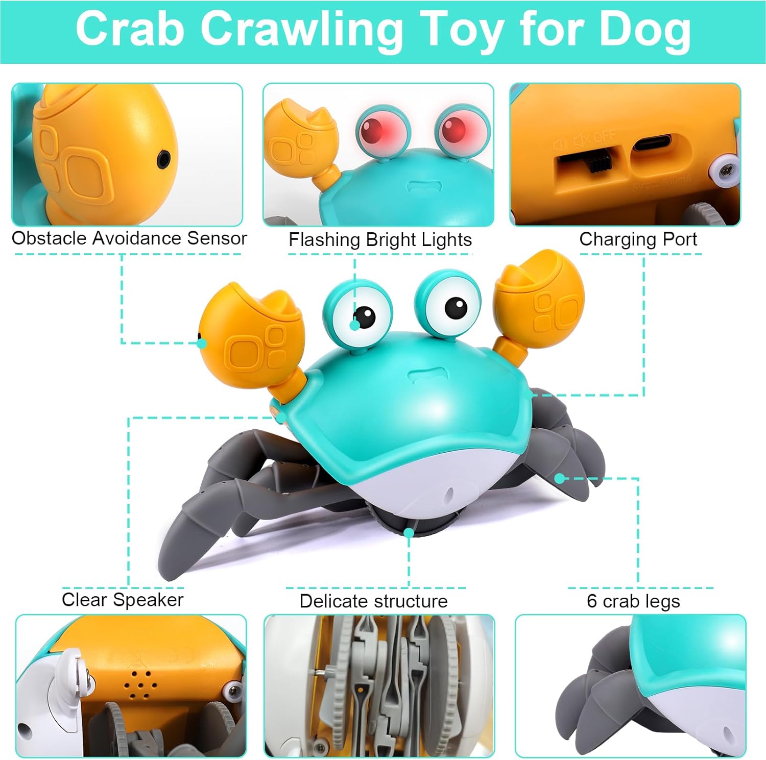 Crawling Crab Interactive Dog Toy with Charging Cable, Left-Right Move Crab with Obstacle Avoidance, Boredom and Stimulating, Dog Birthday Gifts