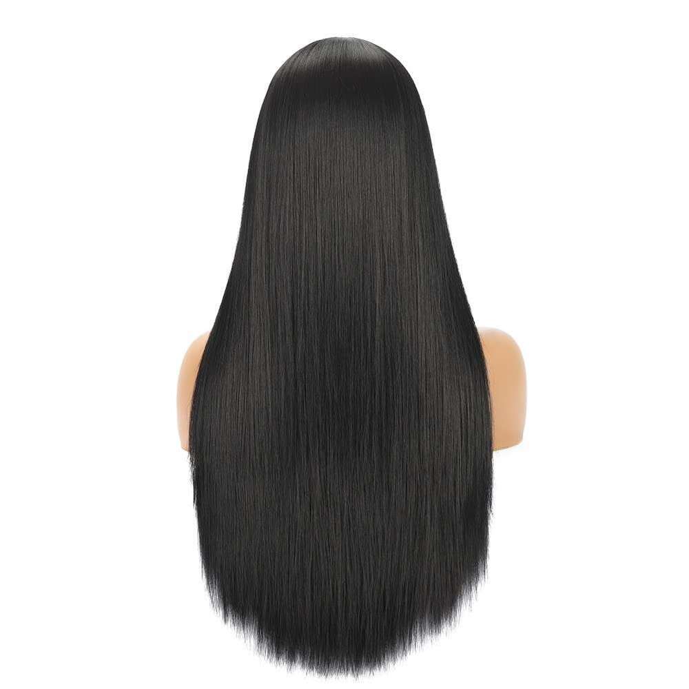 Long Straight with Bangs Natural Black for Women Fashion Silky Soft Smooth Remy Hair Heat Resistant Fiber Synthetic Wigs hine Made Glueless Full 24 In