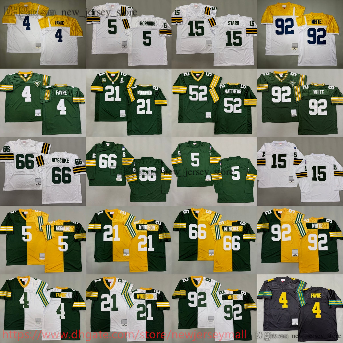 1969 Throwback Football 15 Bart Starr Jersey Classic Uniform 21 Charles Woodson 4 Brett Favre 5 Paul Hornung 66 Ray Nitschke 52 Clay Matthews 92 Reggie White Jerseys