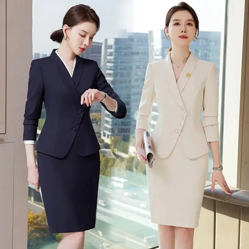 Almond Blue Womens Formal Pants Set Jacket and Trouser Work Clothes Autumn Winter 2piece 250530