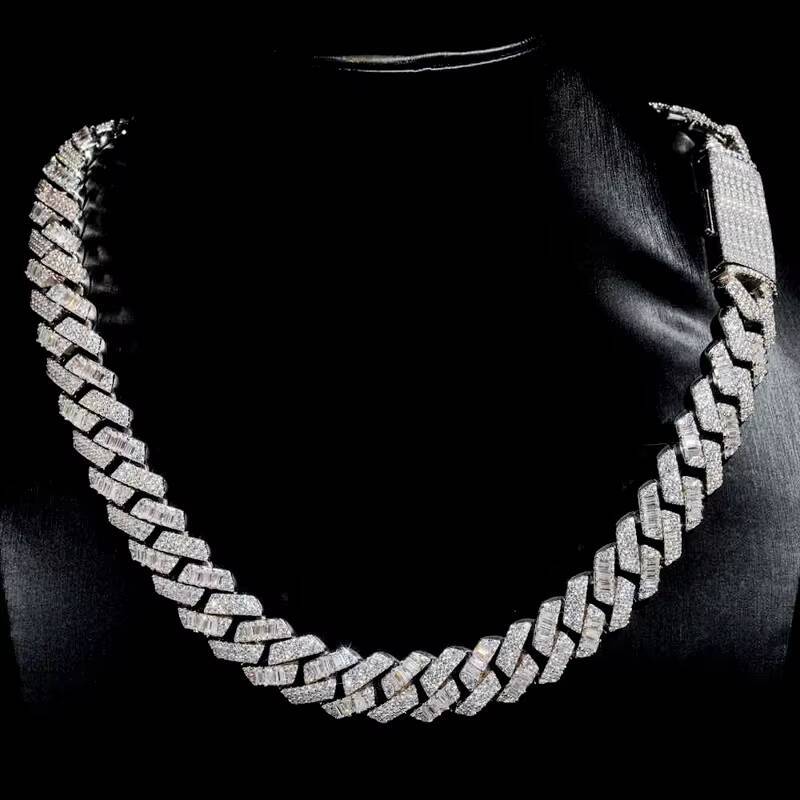 15mm Diamond Tester Pass Hip Hop D Color Baguette Moissanite Mix Cut 925 Sterling Silver Iced Cuban Chain for Men and Women