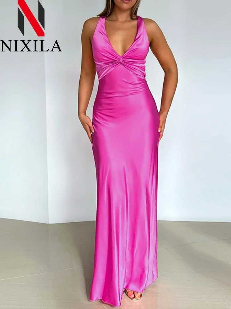 Summer elegant womens fashion sexy V-neck solid shoulder strap backless long ultra-thin satin beach party dress womens clothing W250430