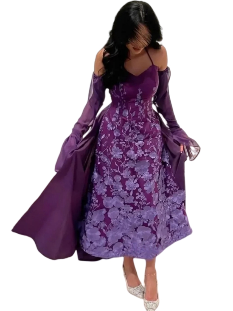 Chic Ankle Length Purple Lace Prom Dresses With Removable Flare Sleeves A-Line Birthday Party Gown 2025 Arabic Dubai Floral Special Occasion Dress
