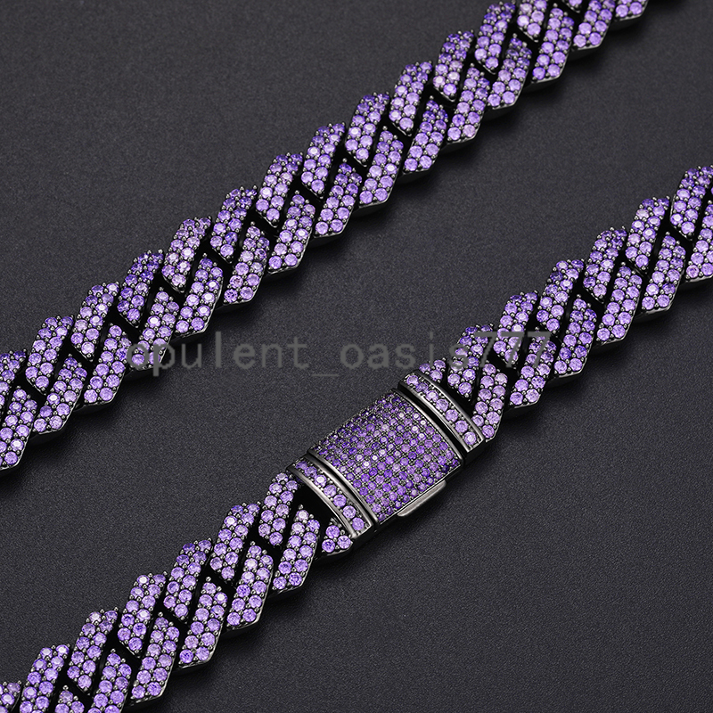 Hip Hop Jewelry 14mm Black Gold Plated Brass Metal Purple moissanite Diamond Iced Out Cuban Link Chain Necklace for Men