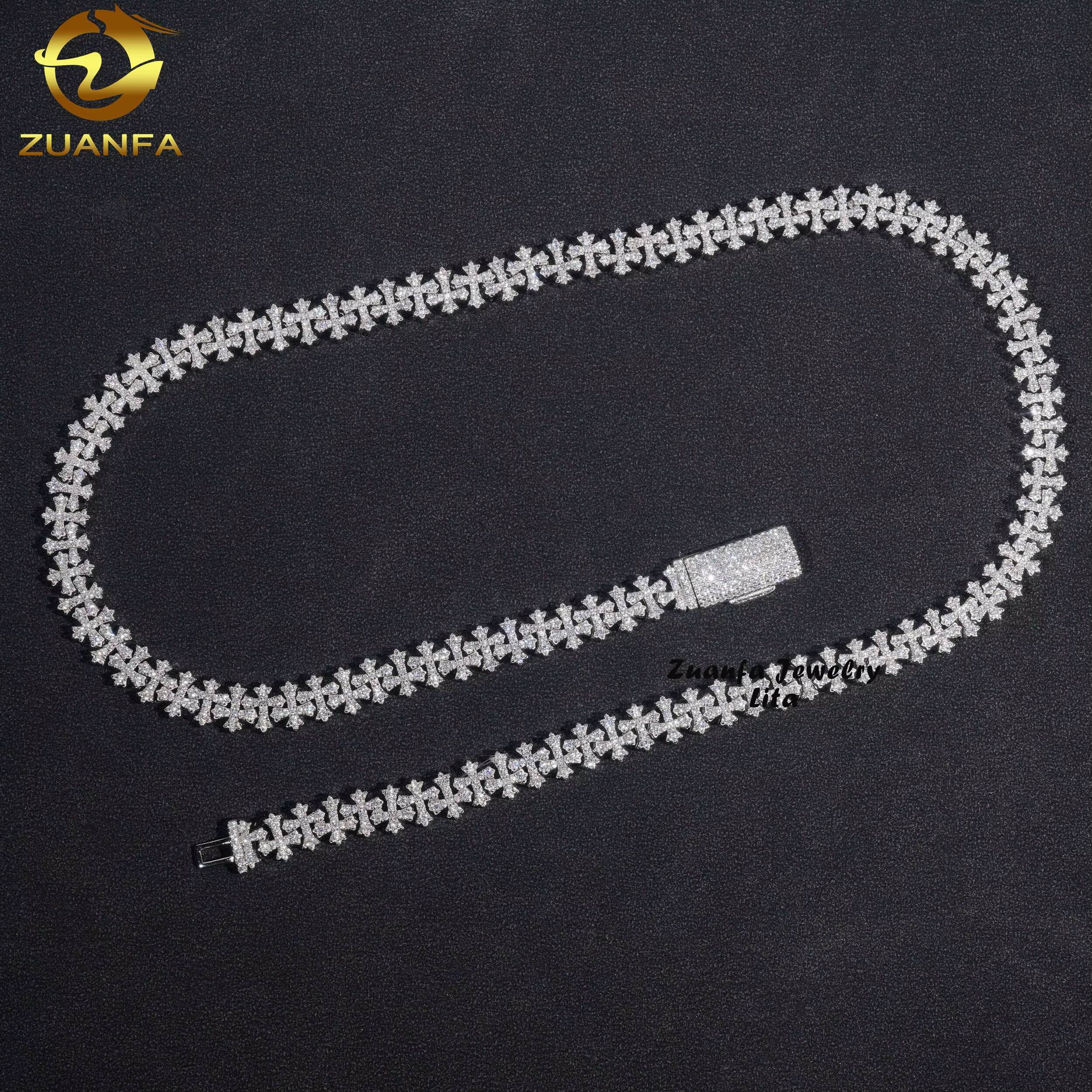 New Arrivals Hip Hop Iced Pass Test Silver 8mm Cross Necklace VVS Moissanite Cuban Link Chain
