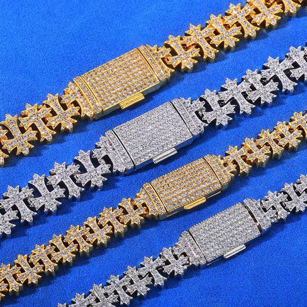 Eskeem Luxury 925 Silver Cross Chain Necklace 85/11mm VVS Moissanite Cuban Link Design Hip Hop Diamond Jewelry