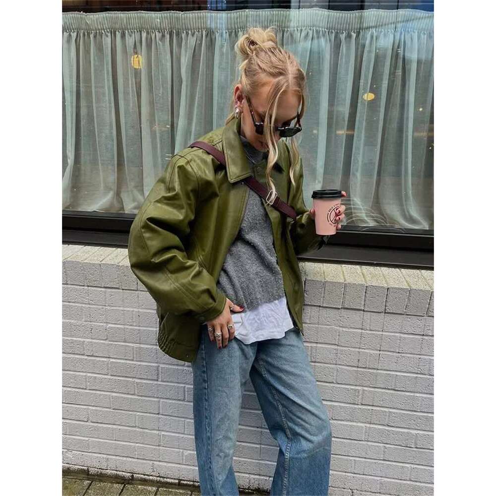 Zipper PU Leather Jacket Women Retro Green Long Sleeve Lapel Short Coat Female 2025 Fashion Spring Autumn High Street Outerwears