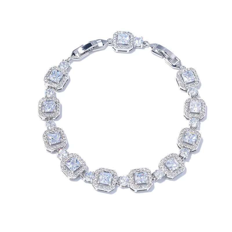 DHCollections Luxury Adjustable Zircon Tennis Bracelet 18+3cm for Women, Silver Plated Round & Square Cubic Zirconia Chain Jewellery