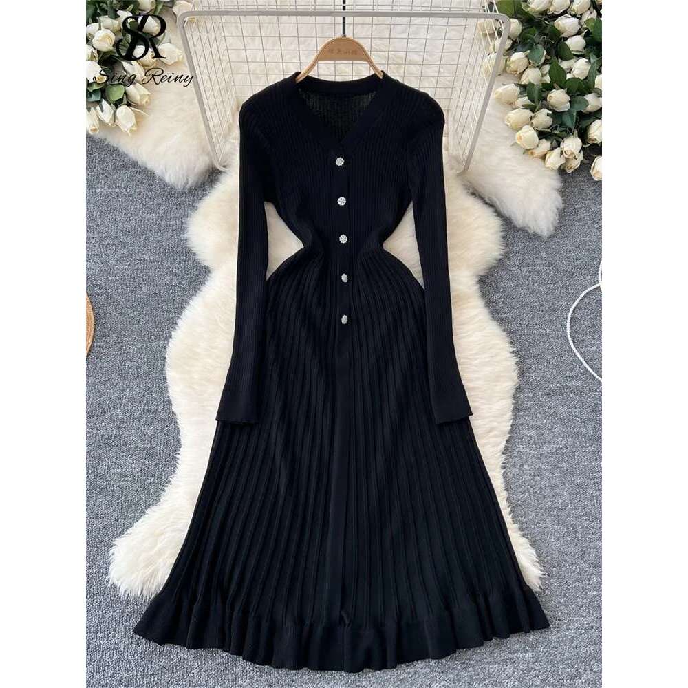 SINGREINY Autumn Knitting Sweater Ladies V-Neck Single Breasted Full Sleeve Soft Slim Senior Knitted Casual Long Dress
