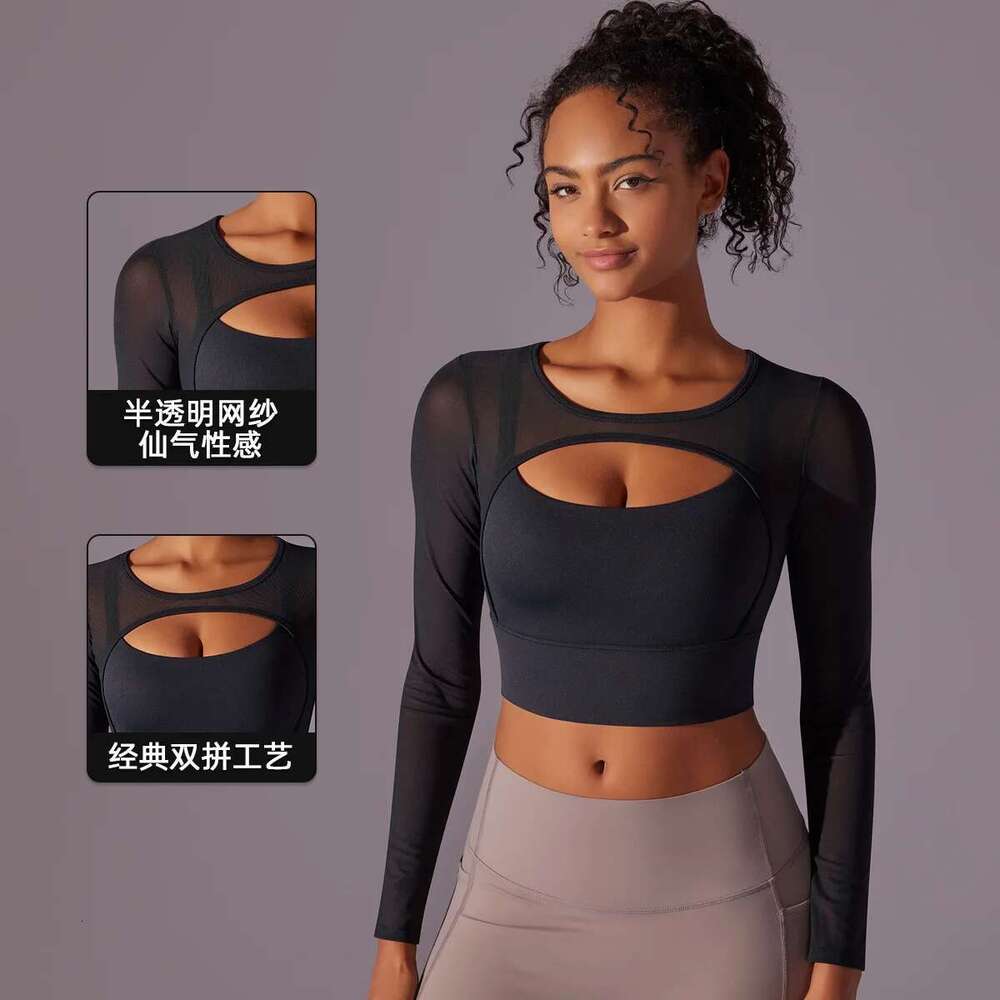Women Padded Long Sleeve Crop Tops Running Shirts Workout Gym Top Sports Sexy Mesh Yoga Shirt
