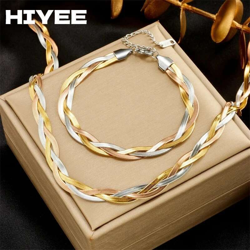 HONGTONG 316L Stainless Steel 3In1 Crossover Snake Chain Necklace Bracelets For Women Girl New Fashion Waterproof Jewelry Set