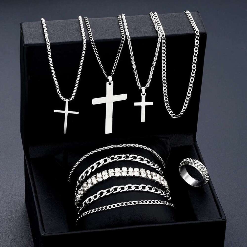 Sier Color Punk Stainless Steel Cross Jewelry Set For Women Men Hiphop Twisted Necklaces Crystal Bracelets Chain Ring Fashion