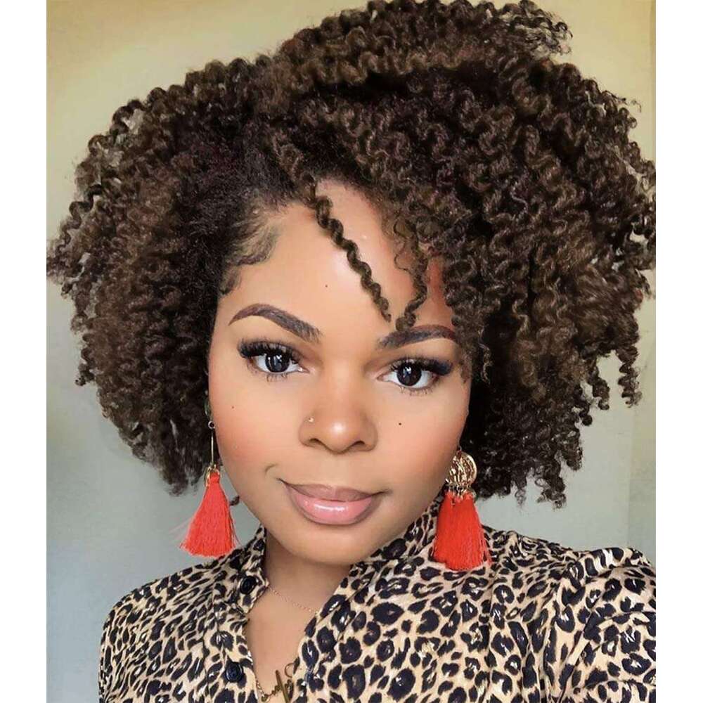Hanne Fashion Short Kinky Ombre Brown Side Part Afro Curly Wig Twist Out Wigs Heat Resistant Fiber Synthetic Full Hair for Black Women (1B 30)