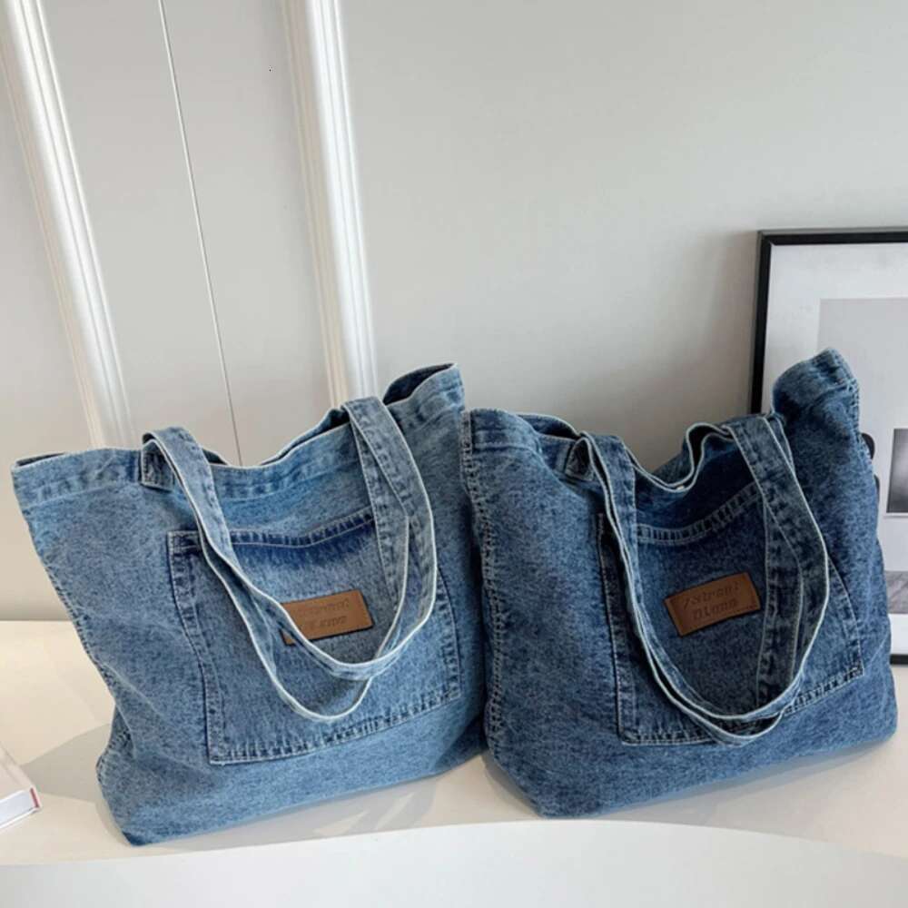 Women Shoulder Large Capacity Denim Tote Solid Color Clutch Simple Female Commuter Handbag Crossbody Bag