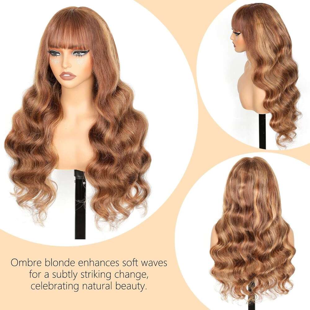 Ruiyu Ombre Highlight Wig with Bangs 2x4 HD Lace Front Closure Body Wave Wear and Go Glueless Highlights 4/27 Honey Blonde Brown Colored 100% Human Ha