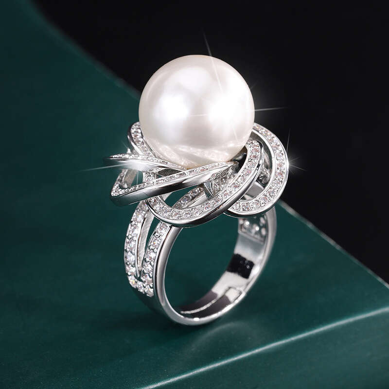 Huabi Jewelry Copper Plated True Gold With Mother Of Pearl, Lace Style, Charm, Dia Inlaid Ring, Female 14Mm