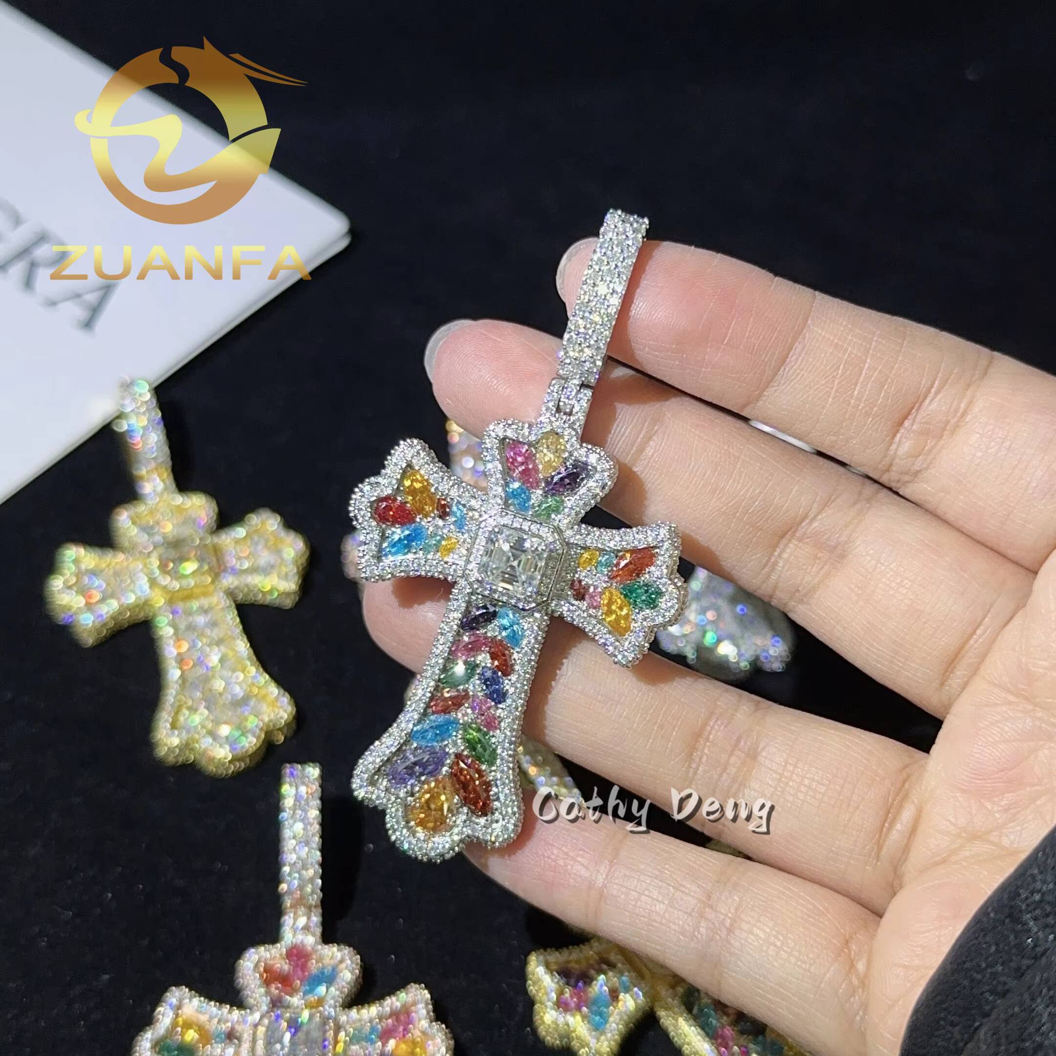 Read to Ship Hip Hop Jewelry Cross Pendant Muti Color Moissanite 925 Silver Iced Out Cross Pendant Pass Diamond Tester