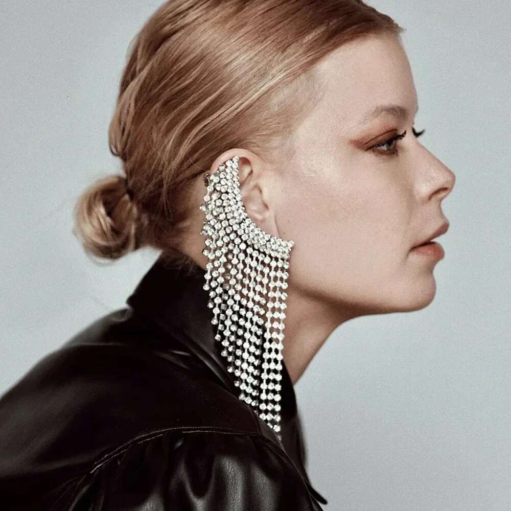 Stonefnas Long Tassel Clip Earrings No Piercing For Women Rhinestone Ear Cuff Unusual 2024 Trend New Women's Jewelry