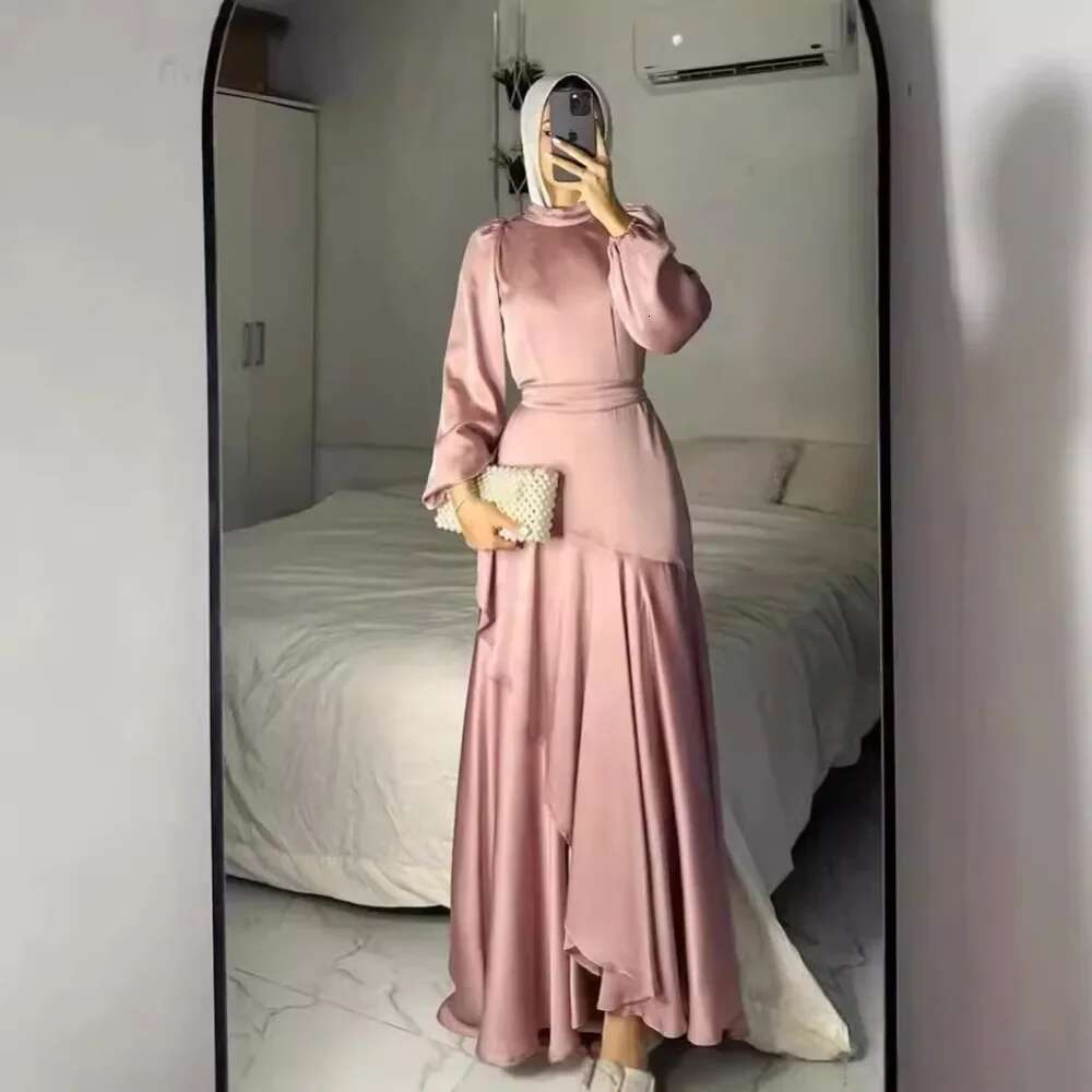 2025 New Fashion Muslim Women's Satin Solid Color Gown With Lace Hem And Belt Large Swing Cross-Border Fashionable Elegant Dress