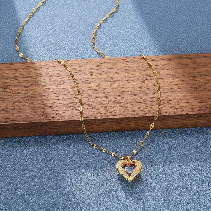 Top Colorful Crystal Ocean Heart Pendant Necklace For Women Trendy 316L Stainless Steel Jewelry Female Wedding Neck Chain
