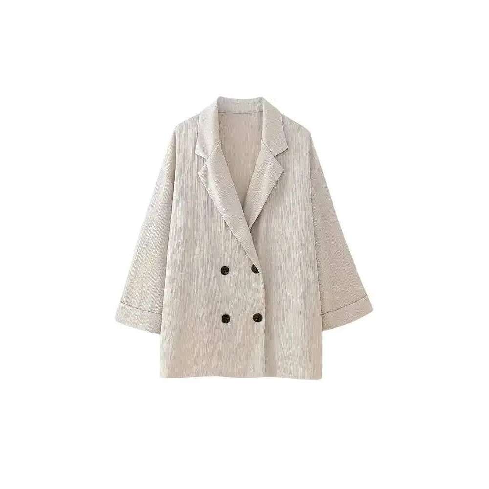 Trza-Women's Double-Breasted Loose Blazer Coat And High Elastic Waist Wide Leg Pants, Female Two Piece Sets, Fashion