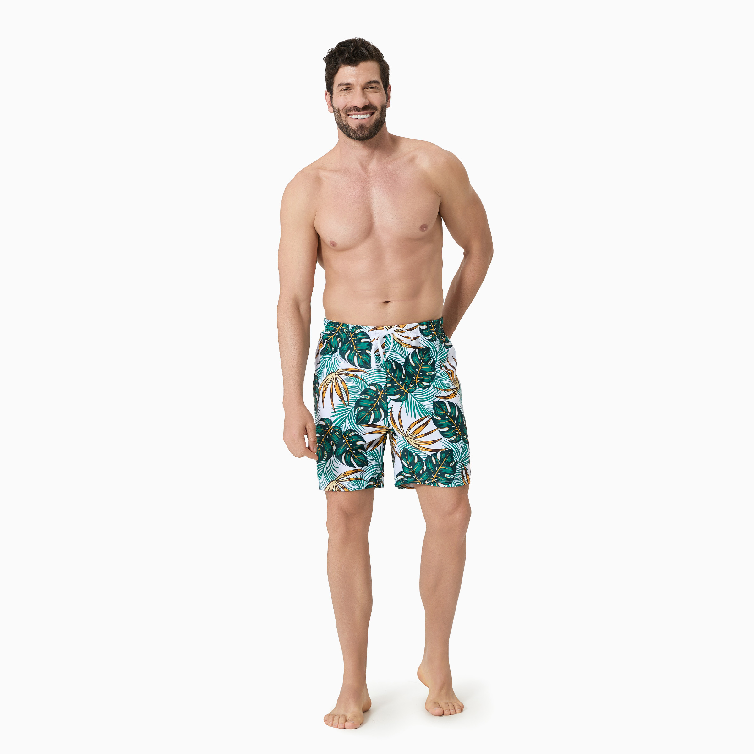 PatPat Family Matching Allover Plants Print Swim Trunks Shorts and V Neck Spaghetti Strap Splicing One-Piece Swimsuit