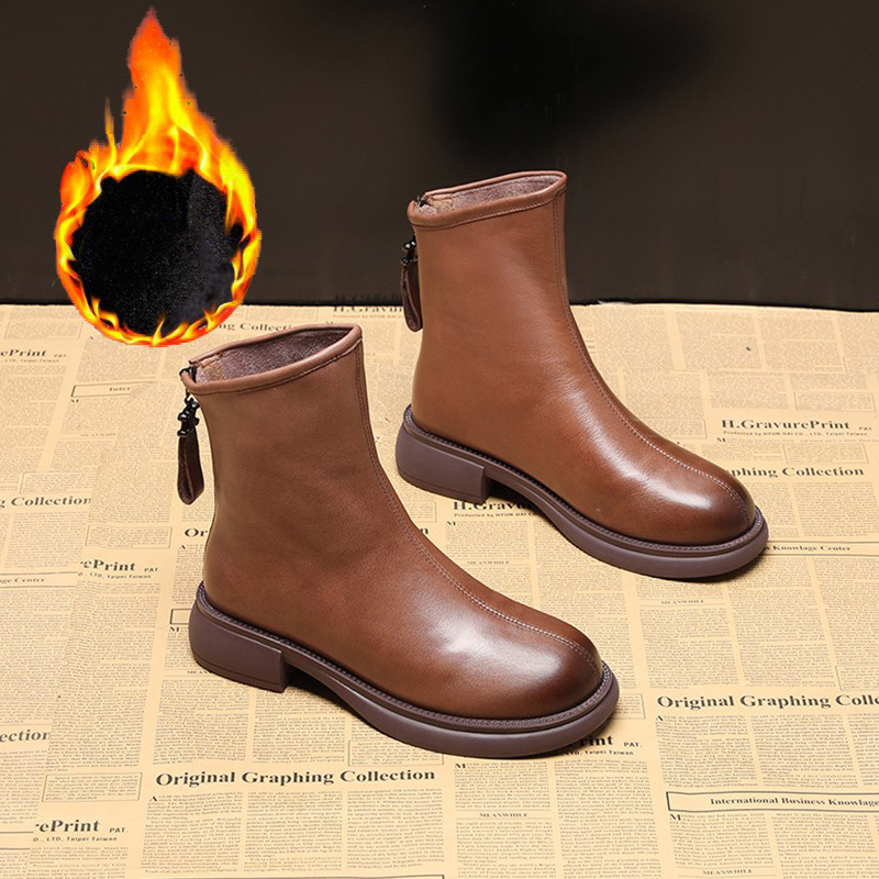 Designer shoes Autumn and Winter New Womens British Style Chelsea Soft Bottom Soft Leather Martin Boots Brown Plush Fashion Boots