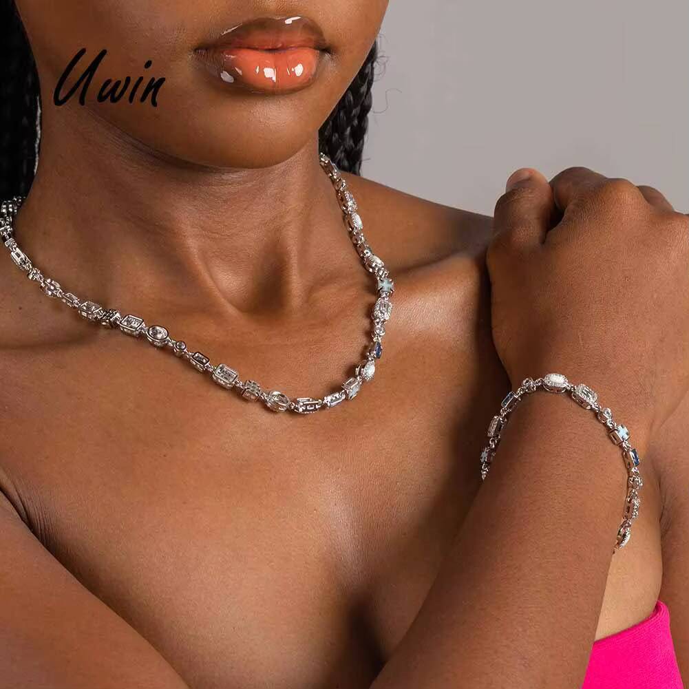 UWIN Hip Hop Crystal White Opal Gemstone Blue Topaz Dainty Bracelet Blue Cross Link Necklace Exquisite Fine Jewelry for Women