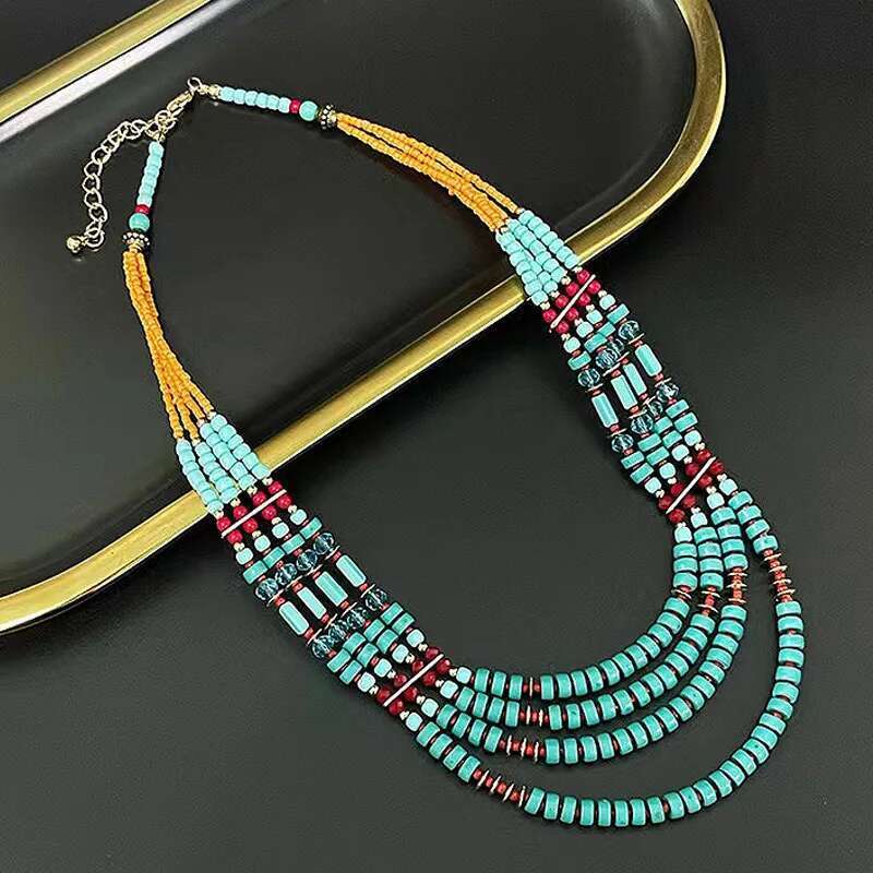 Fashion Boehmia Ethnic Multilayer Chains Green Color Vintage Handmade Beads Choker Collar Necklaces
