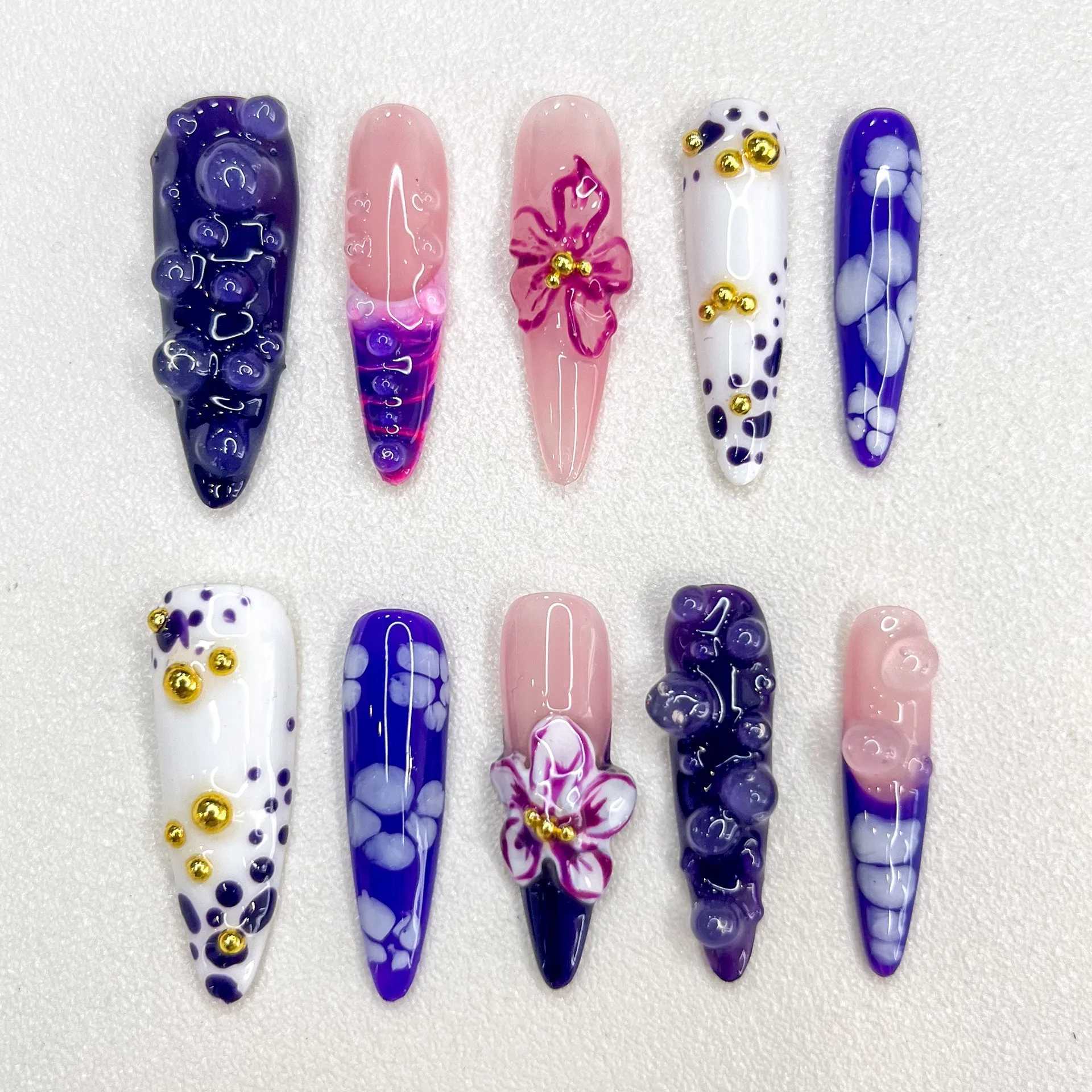 3D long special shaped purple series Mandarin Duck Gold Embedding Advanced Press on Nails Send Manicure Kit False Nails H25429
