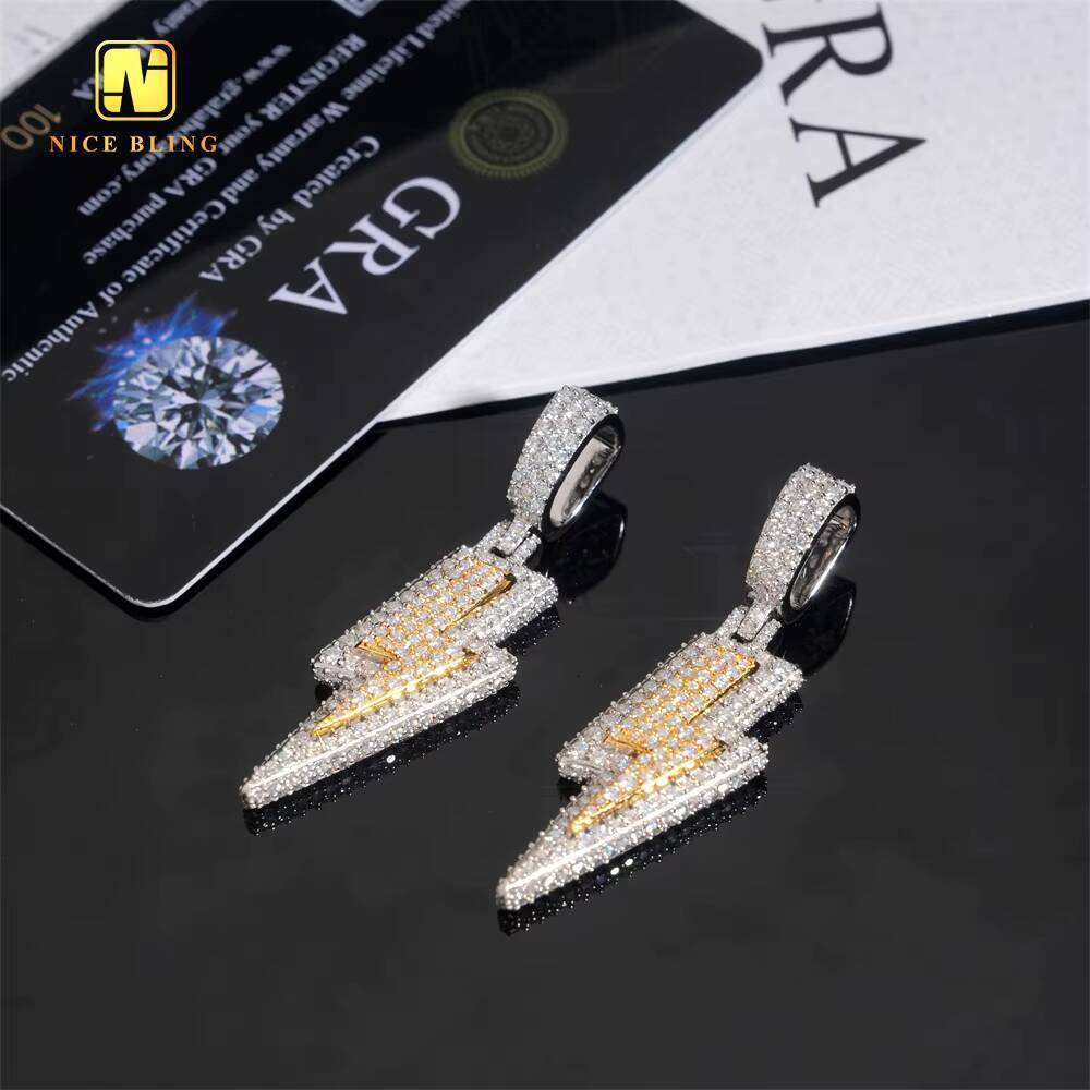 Two Tone Lightning Custom Made Iced Out Hip Hop Jewelry Pendant 925 Silver Full VVS Moissanite Diamond Charm Pendants Necklace