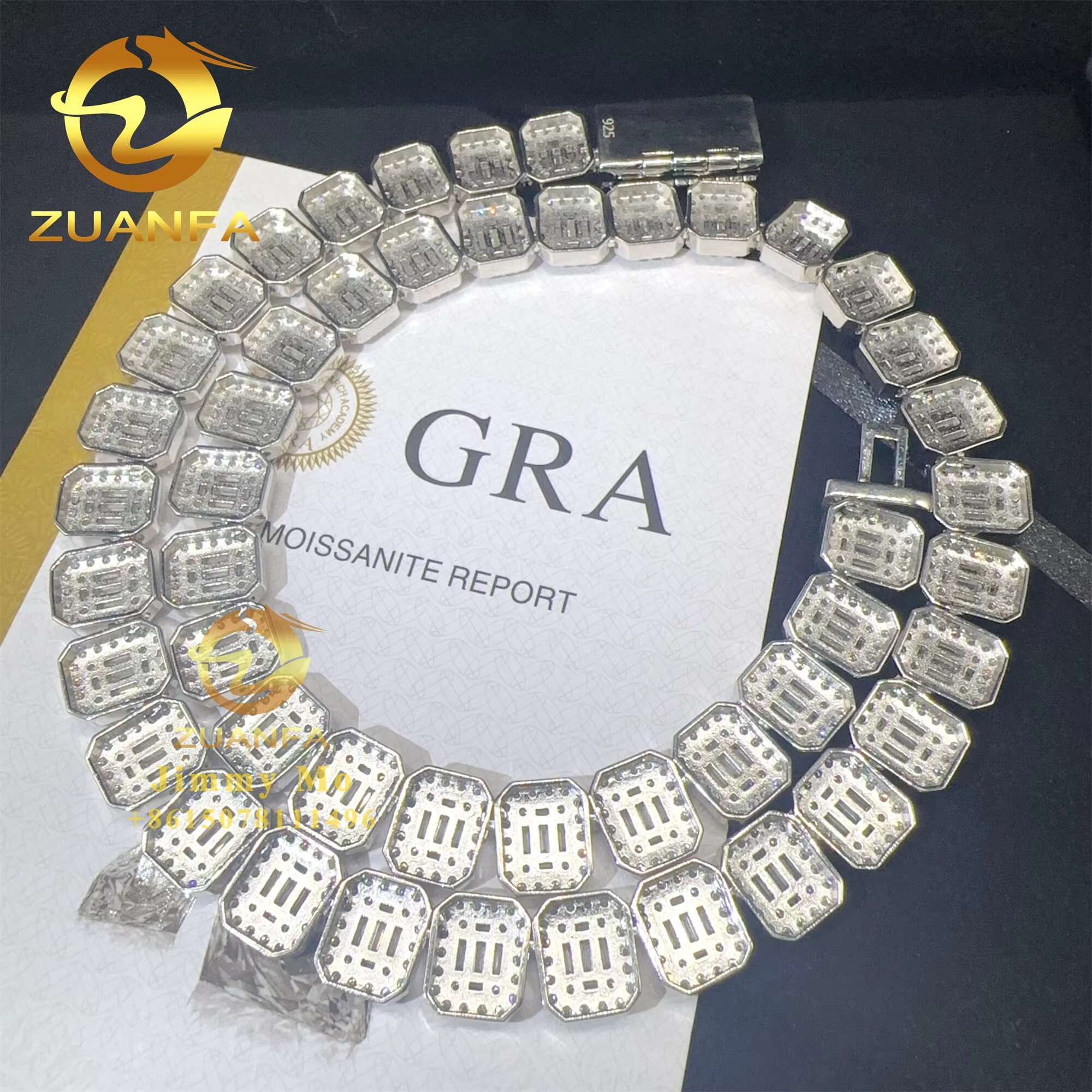 Fashion GRA Certificates 925 Silver 13mm Iced Out Hip Hop VVS1 baguette Moissanite Diamond Cluster Tennis Chain Necklace