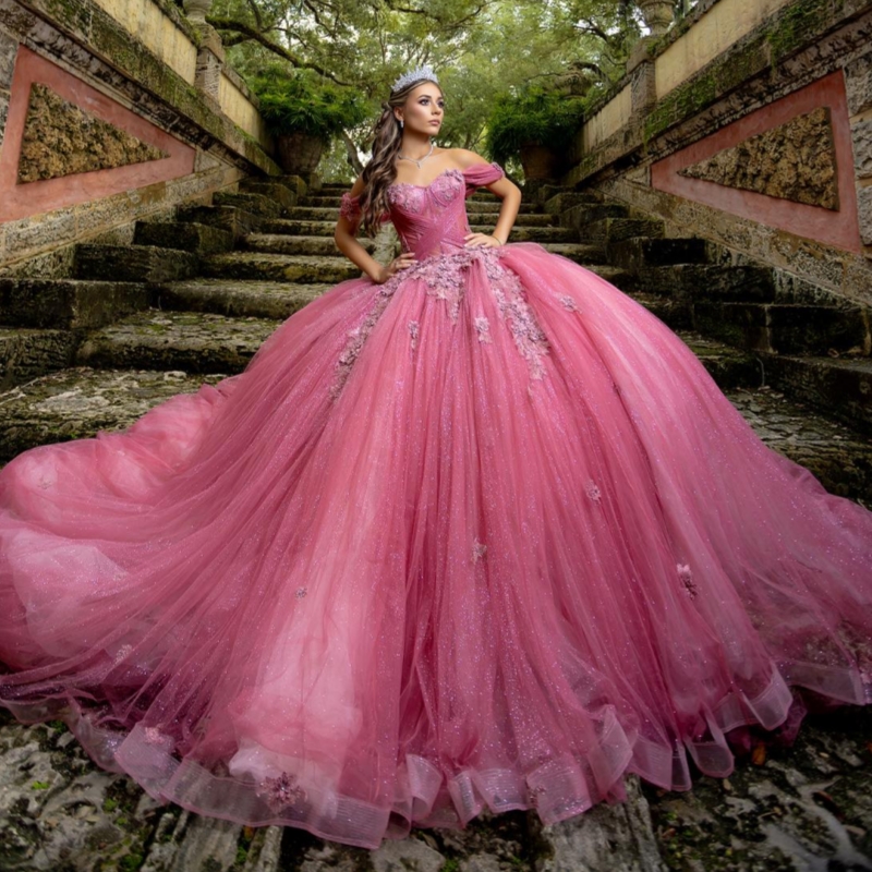 Rose Red Quinceanera Dresses Off Shoulder Ball Gown Sweet 16 Dress Applique Flower Beads Tull Birthday Party Vestidos 15 Anos