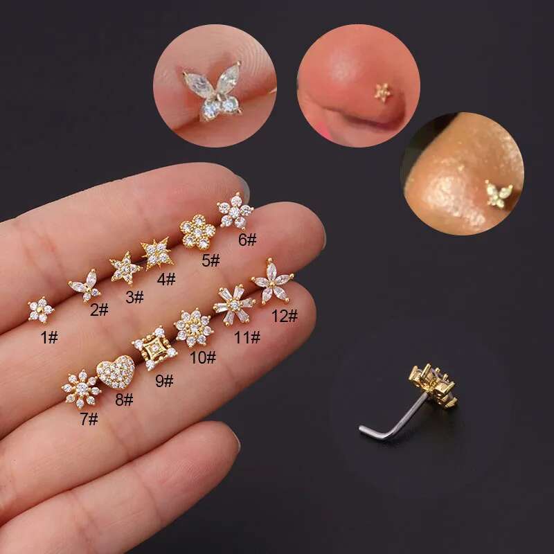 Stainless Steel Small Rings Zircon Flower Heart Nose Stud 20G Body Piercing Jewelry For Women Men Gift