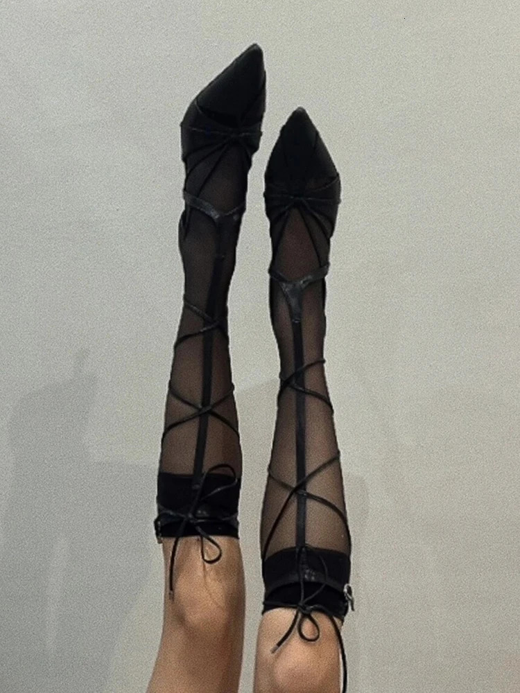 Black Air Mesh Knee High Boots Stiletto Thin High Heel Fashion 2025 Spring Summer Women Runway Dress Shoes Sexy Lace Up Shoes 250428