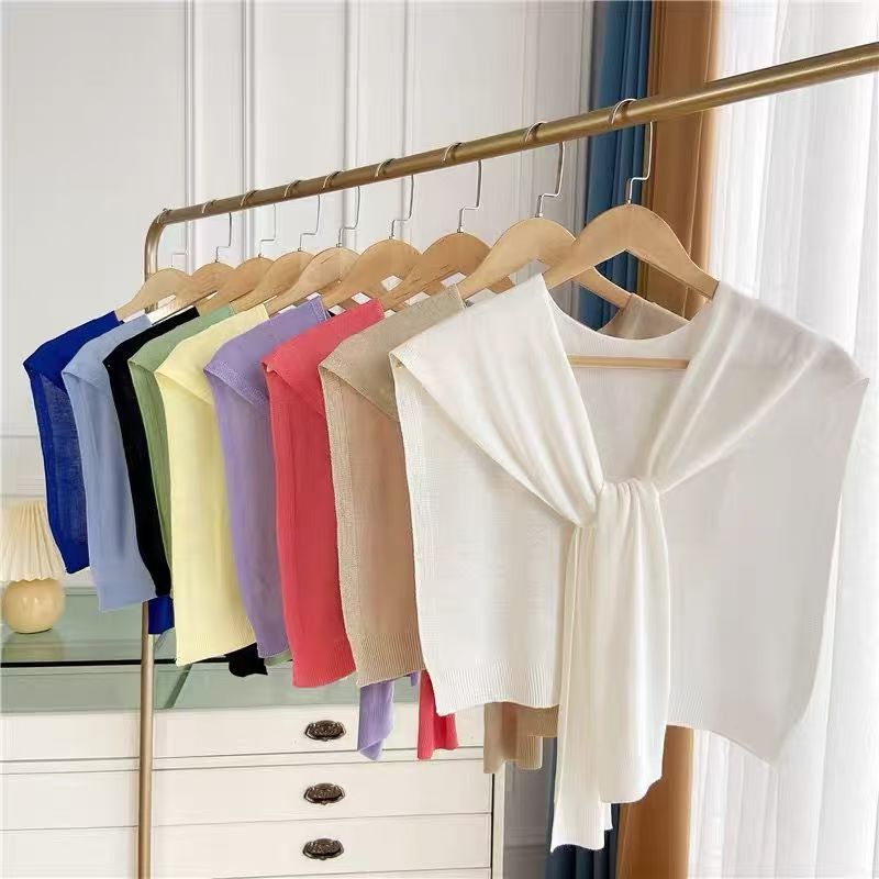 K581 Korean spring and autumn pure color thin short outer wear ice silk shawl air conditioning room waistcoat knitted shawl striped summer