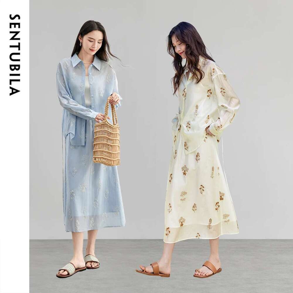SENTUBILA Women Outfit Loose Embroidery Lace Up Shirt Elastic Waist Skirt Lyocell New Match Sets 2025 151Z58161