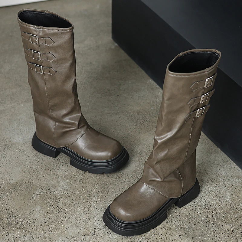 Winter Womens Boots High Quality Fashionable Round Toe Solid Color Buckle Mid-heeled Sleeve Womens High Boots 251126
