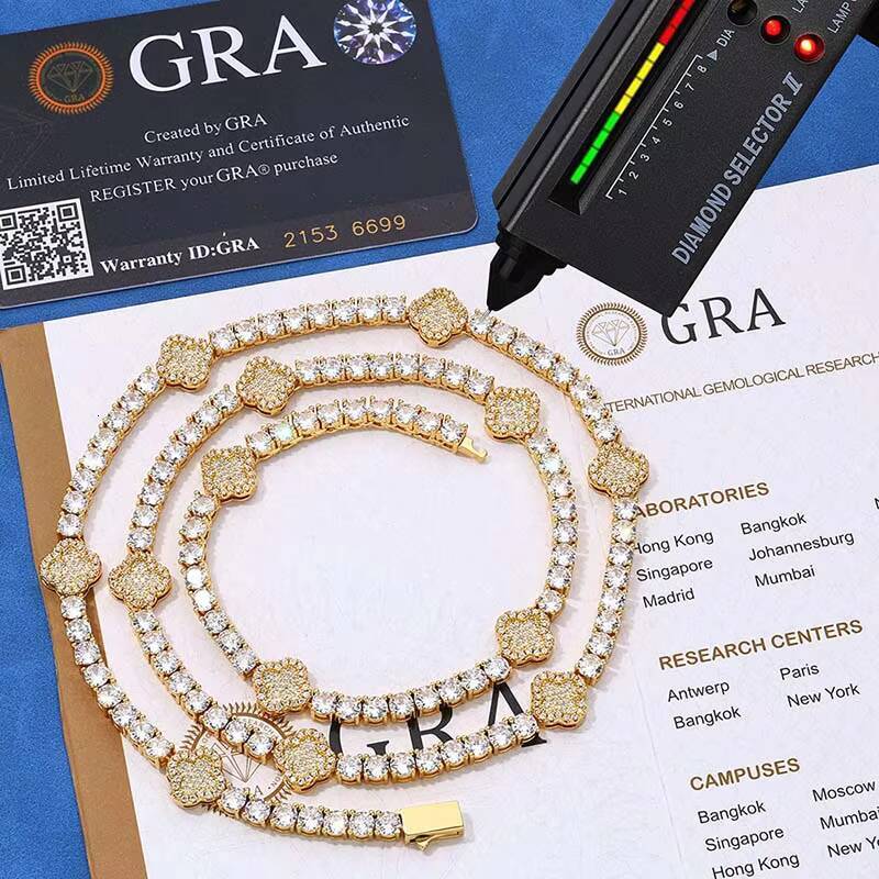 925 Silver Iced Out Tennis Chain VVS Tennis Chain Moissanite 925 SIlver Four Leaf Flower Chain with GRA Certificate