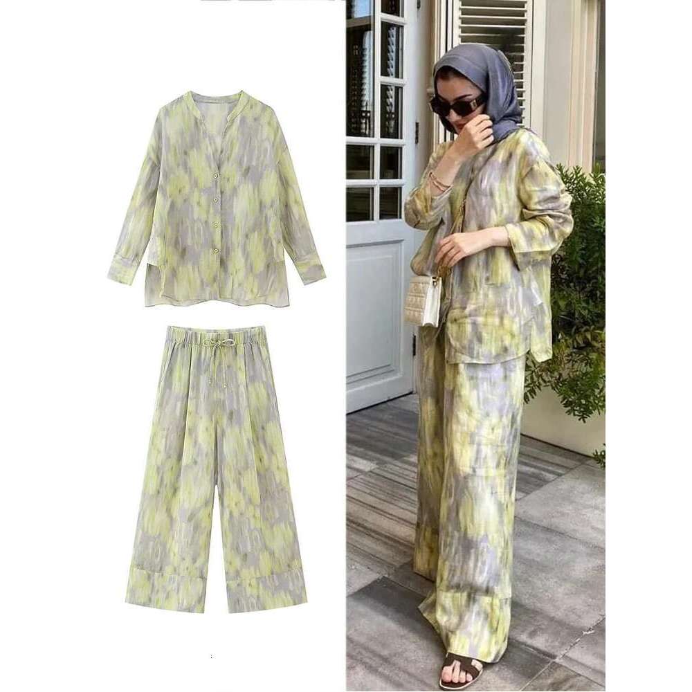 ZABA Women's Tie-Dye Printed Set Lapel Asymmetric Button Long Sleeve Shirt And Casual High-Waisted Loose Wide-Leg Trousers