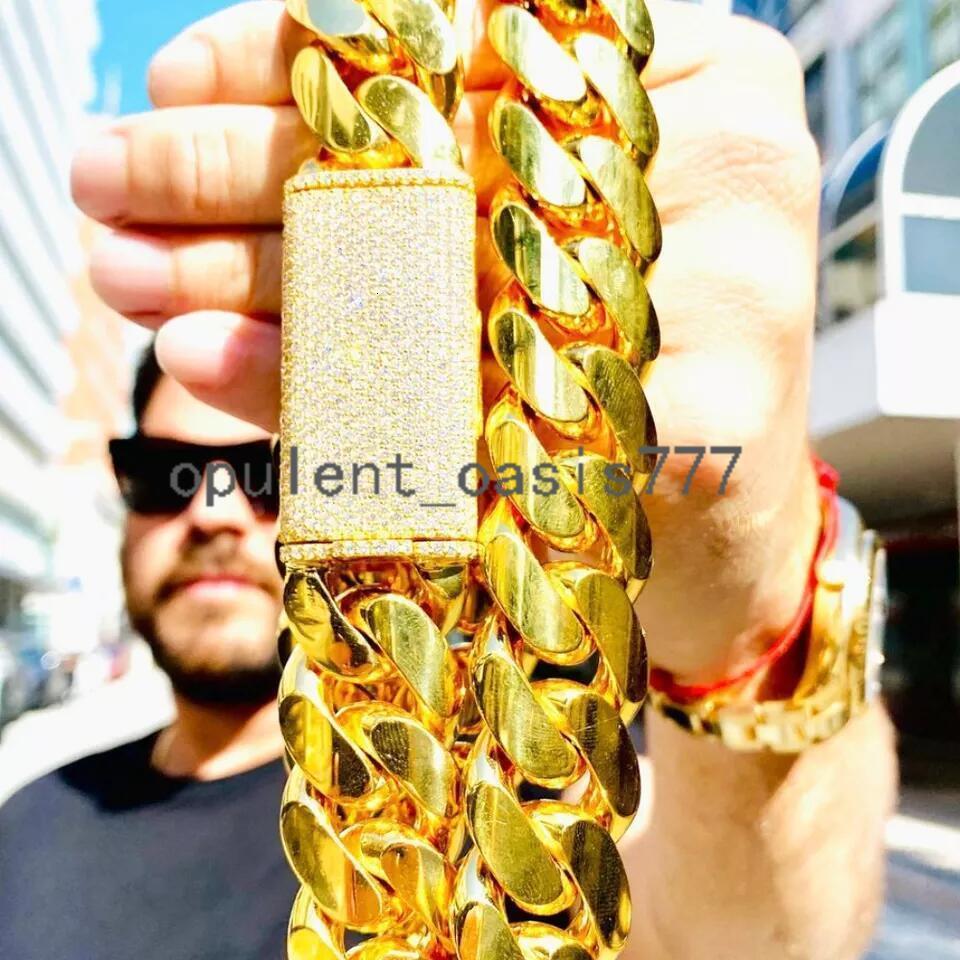 Custom Non Tarnish Hip Hop Jewelry Gold Plated Filled Stainless Steel Moissanite Iced Out Clasp Miami Cuban Link Chain for Men