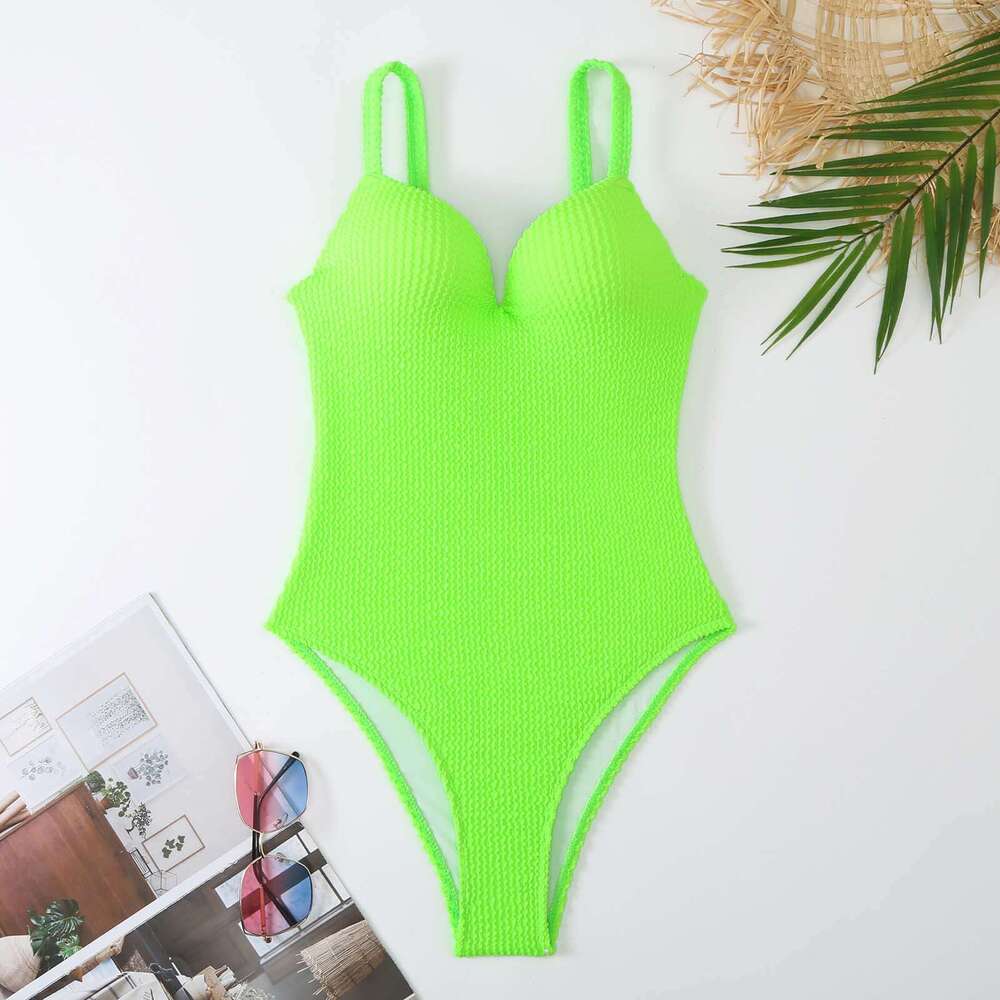 New Russian style popular one-piece European and American fashionable sexy women's small pit stripe solid color hard pack swimsuit, 2025 new casu