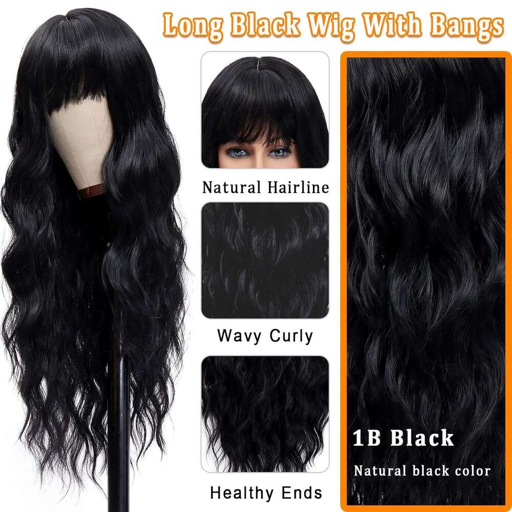 Vomella Black With Bangs 26 Inch Long Curly Wavy Wig Women Natural Looking Synthetic Heat Resistant Wigs for Daily Party Use